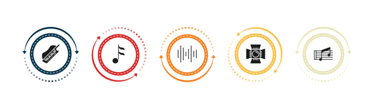 filled music and media icons set - keytar, sixteenth note, sound bars, music spotlight. editable vector for web and mobile ui
