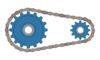 Mechanical chain drive system with two sprockets of different sizes and a roller chain in a minimal flat graphic style engineering and industrial design concept © Barny
