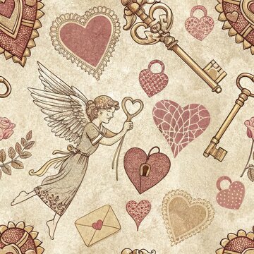 A vintage-style seamless Valentine pattern featuring an angel, vintage keys, heart locks, love letters, and roses