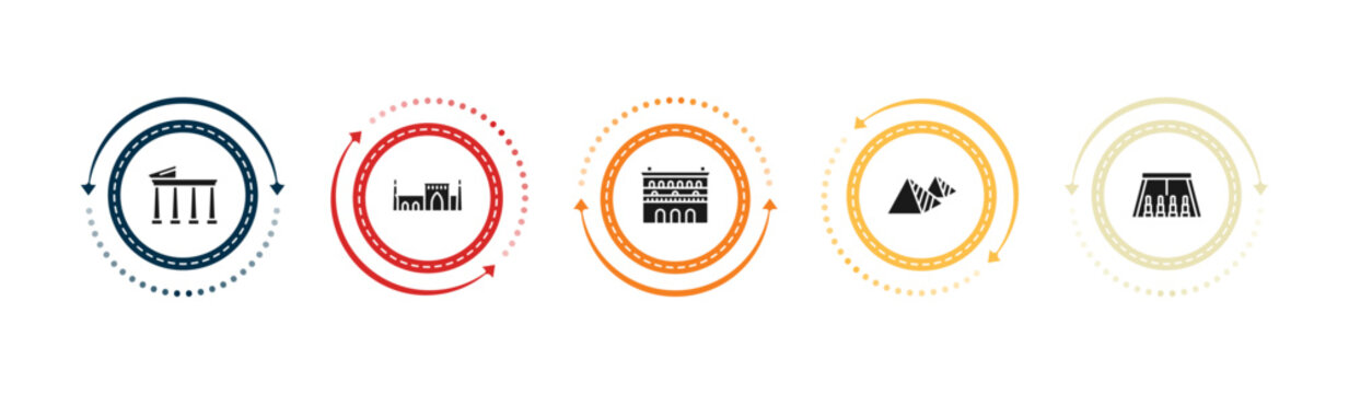 filled monuments icons set - temple of apollo, id kah mosque, lonja of zaragoza, egyptian. editable vector for web and mobile ui