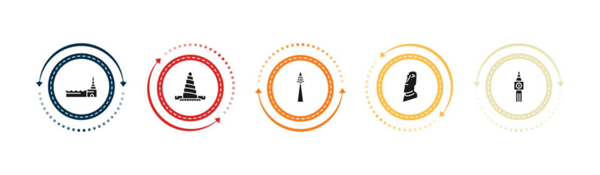 filled monuments icons set - moscow, great mosque of samarra, , moia statues. editable vector for web and mobile ui