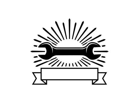 Vintage wrench tool emblem with sunburst rays and blank ribbon banner, industrial mechanic logo vector, automotive repair shop badge