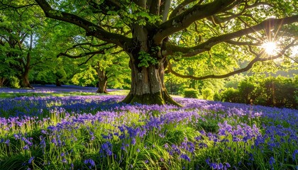 Fototapeta premium Enchanting Bluebell Woodland Scene with Majestic Tree and Sunlight.