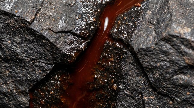 Viscous drilling fluid seeping over dark, rough shale rock surface in a geological close-up