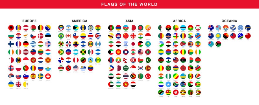 flags of the world grouped by continent. national flags of europe america asia africa and oceania. complete country flag reference chart. wavy flag collection with region labels
