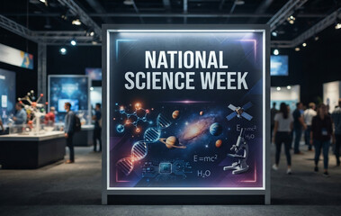 Obraz premium National Science Week exhibition stand with educational graphics and laboratory icons