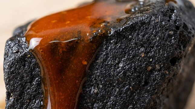 Vibrant orange oil slowly dripping onto the textured surface of a dark shungite stone, close-up.