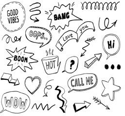Fototapeta premium Hand Drawn Doodle Speech Bubbles, Arrows, Comic Words and Decorative Sketch Elements Set for Social Media and Scrapbooking
