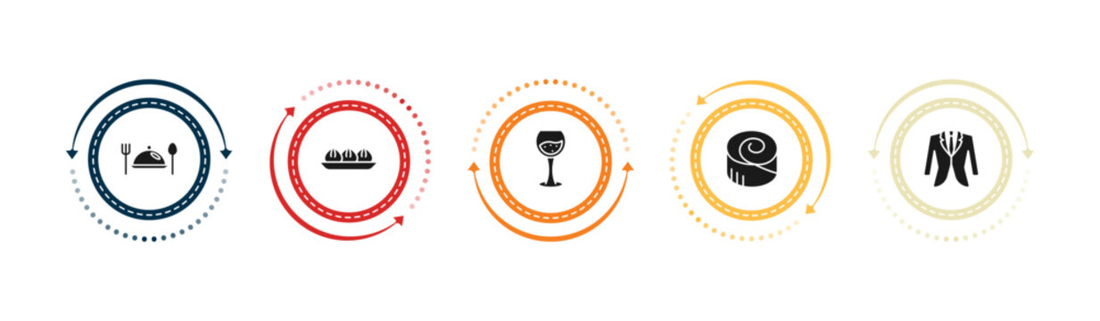 filled hotel and restaurant icons set - meal, dim sum, wine glass, cinnamon roll. editable vector for web and mobile ui