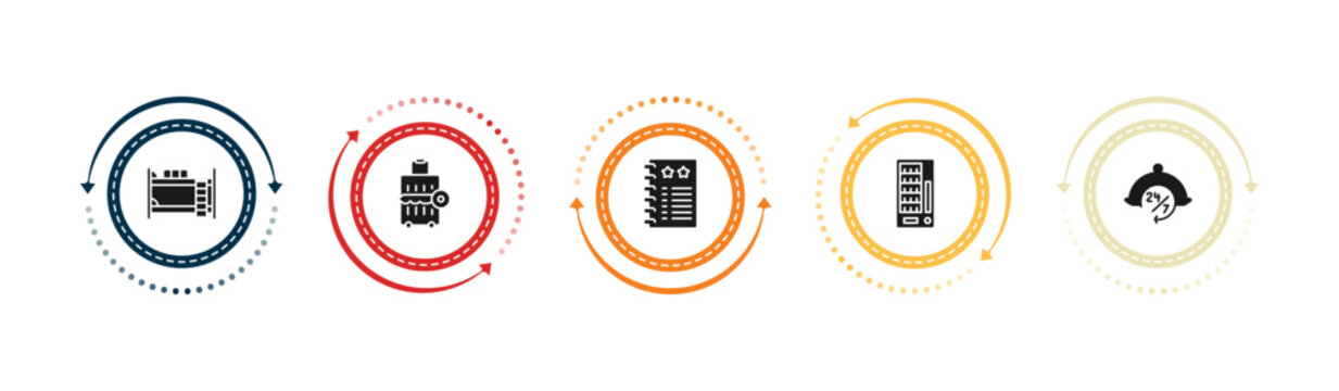 filled hotel and restaurant icons set - bunk, left-luggage, agenda, vending hine. editable vector for web and mobile ui