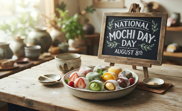 National Mochi Day August 8th chalkboard sign with a colorful Japanese dessert assortment