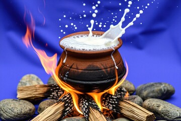 Obraz premium Clay pot boils fresh white milk over open fire on stone stove. Traditional Sri Lankan Avurudu ritual celebration spills liquid food bubbles. Heritage culture ceremony uses wood logs for flame