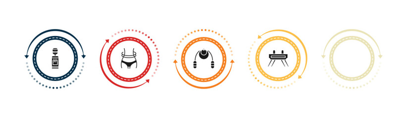 filled gym equipment icons set - women fitness clothing, water hine, waist, jumping rope. editable vector for web and mobile ui © IconArt