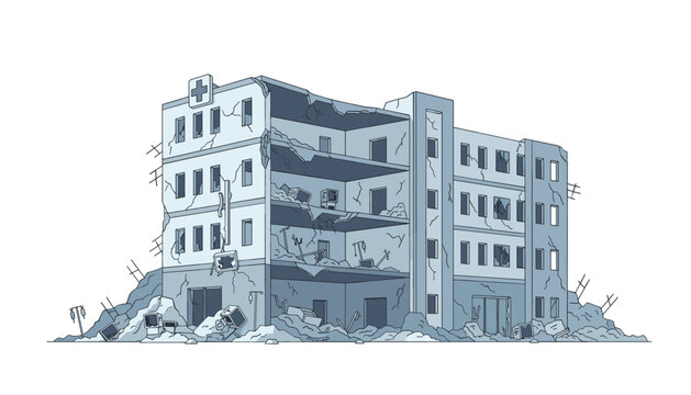 Ruined hospital building showcasing internal levels with exposed rooms and piles of medical debris after a major disaster.