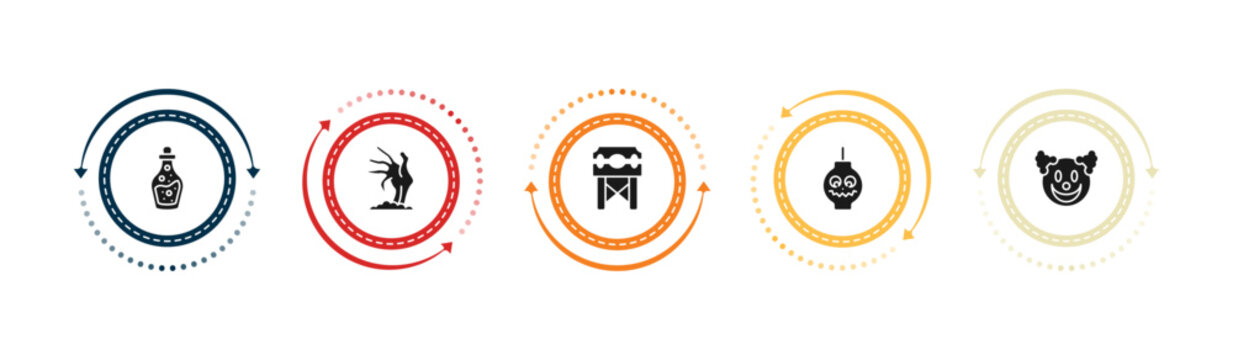 filled halloween icons set - flask bottle, zombie hand, pillory, lanterns. editable vector for web and mobile ui