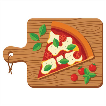 Detailed pizza slice on rectangular wooden cutting board with loose basil and cherry tomatoes vector illustration isolated.