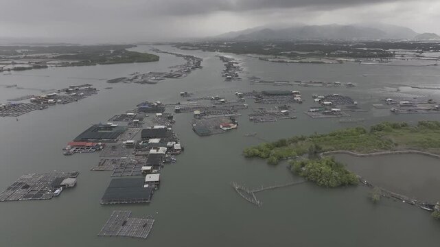 Aerial drone footage of oyster farming in Long Son, Ho Chi Minh City, Vietnam, showcasing traditional aquaculture, floating oyster farms, coastal fishing industry and sustainable seafood production.