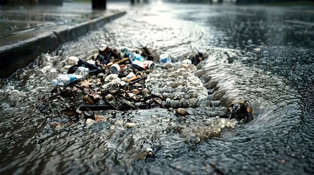 Stormwater drain becomes clogged with plastic waste and urban debris during a heavy rain storm.