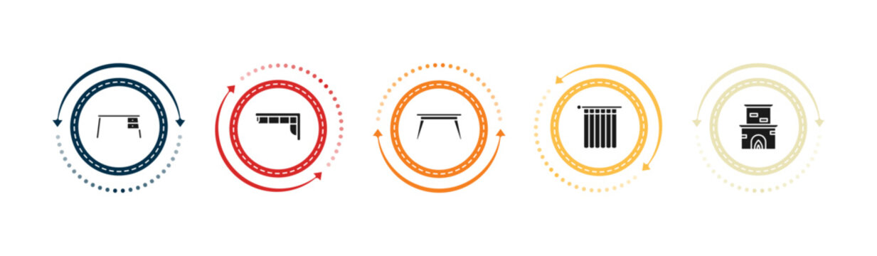 filled furniture & household icons set - desk, corner sofa, table, shower curtain. editable vector for web and mobile ui