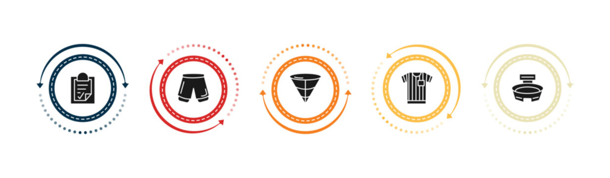 filled football icons set - plan, football shorts, cone, referee jersey. editable vector for web and mobile ui
