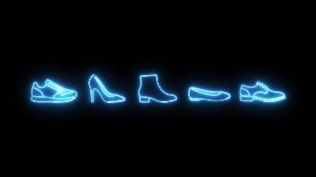Glowing blue neon footwear icons set on black background