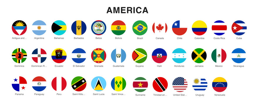 round flag icons of the americas. circular national flags of north central and south america. labeled country flag badge collection. glossy america region flag set
