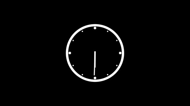 Minimalist white wall clock icon on a black background, flat style time and deadline symbol motion graphics loop