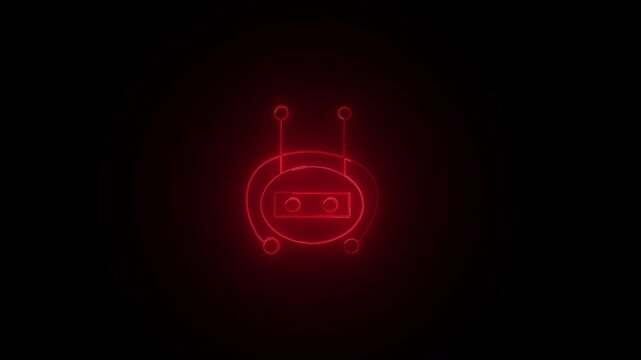 Glowing red neon robot head icon on a black background, futuristic AI chat bot and technology concept motion graphics loop