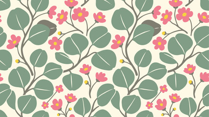 Seamless pattern with eucalyptus leaves and pink flowers on cream background. Flat vector illustration EPS 10. © Robich Art