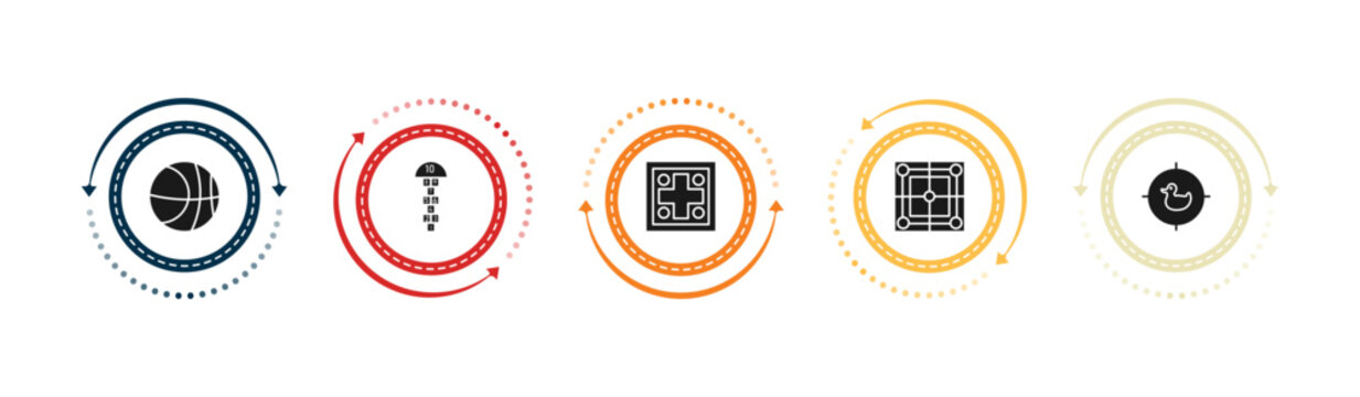filled entertainment icons set - dunk, hopscotch, parchis, mill game. editable vector for web and mobile ui