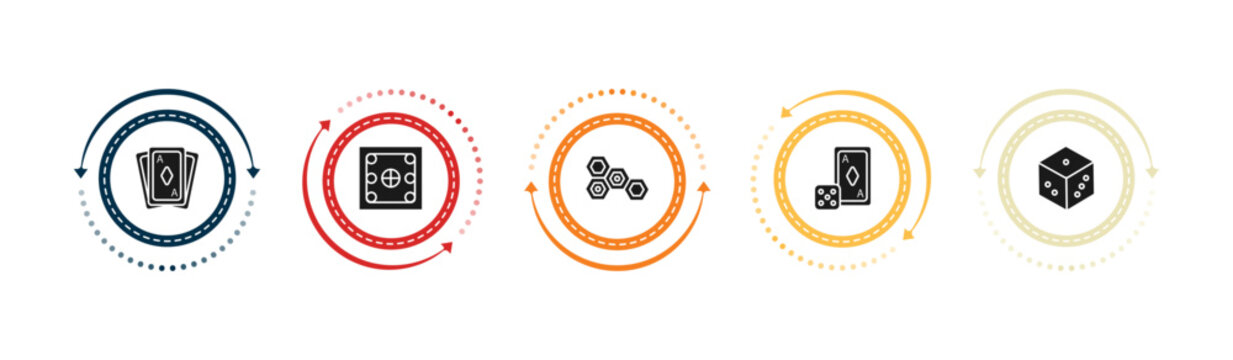 filled entertainment icons set - card game, carrom, game with hexagons, board games. editable vector for web and mobile ui