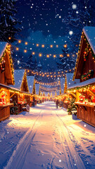 Fototapeta premium Charming Christmas Market At Night With Snow Covered Wooden Stalls And Glowing Fairy Lights