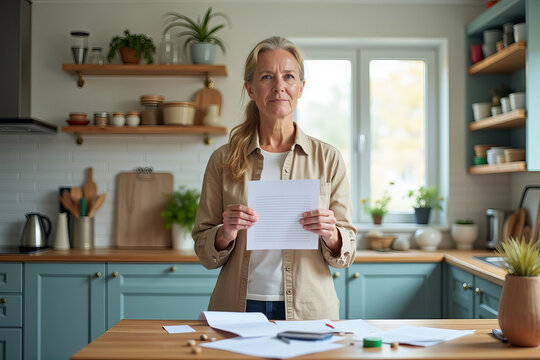 Perplexed Middle-Aged Woman in a Bright Modern Kitchen, Juggling a Cluttered Grocery List Amidst Open Cabinets and Shelves