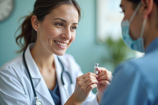 Intimate Portrait of a Healthcare Professional Preparing a Vaccine with a Softly Blurred Clinic Background, Highlighting Care and Compassion.