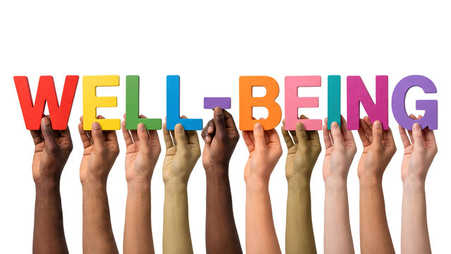 Diverse Hands Holding Colorful Letters Spelling Well-Being for Mental Health Concept