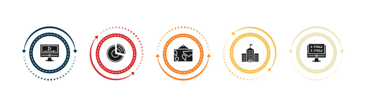 filled education icons set - educational video, pie chart, world map, university. editable vector for web and mobile ui