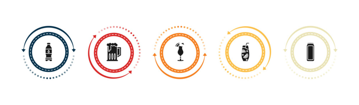filled drinks icons set - water jug, brewery, mai tai, ice tea. editable vector for web and mobile ui
