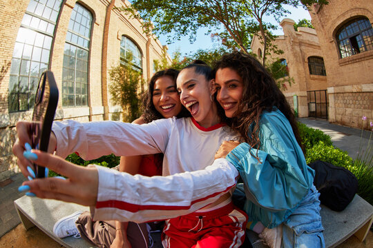 Friends take a selfie together in a sunny outdoor area