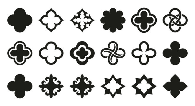 Set of decorative gothic quatrefoil and cross shapes featuring a minimalist black and white design style silhouette