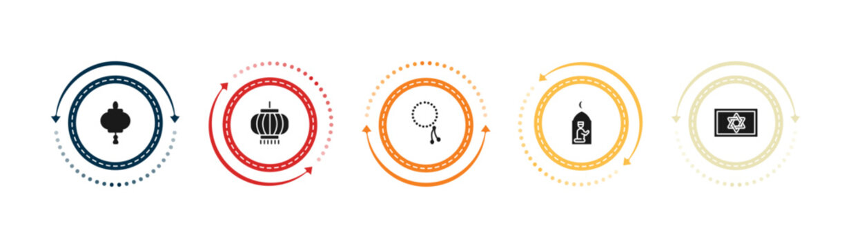 filled cultures icons set - paper lantern, chinese lantern, beads, muslim praying. editable vector for web and mobile ui