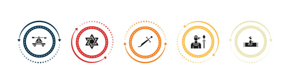 filled cultures icons set - trebuchet, david, scimitar, native. editable vector for web and mobile ui