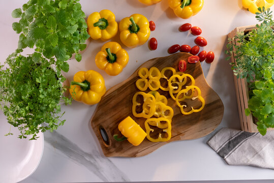 Assorted vegetables for salad on table