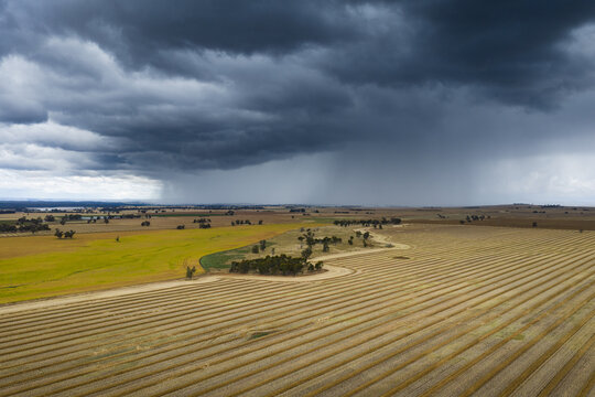 Heavy rain falling from dark clouds over dry harvested farmland