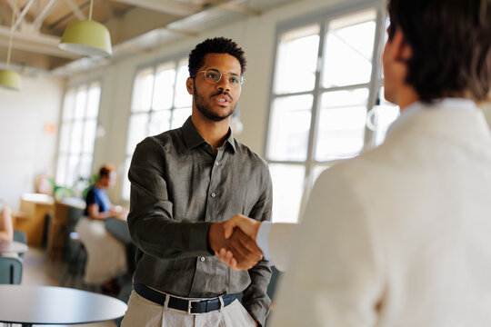 Professionals shaking hands reaching agreement in office