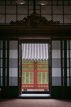 Symmetric Frame Within a Frame Architectural View of a Hanok Pavilion