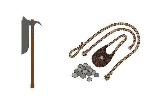 Historical medieval weapons including a battle axe, a leather sling with stones, and ancient equipment