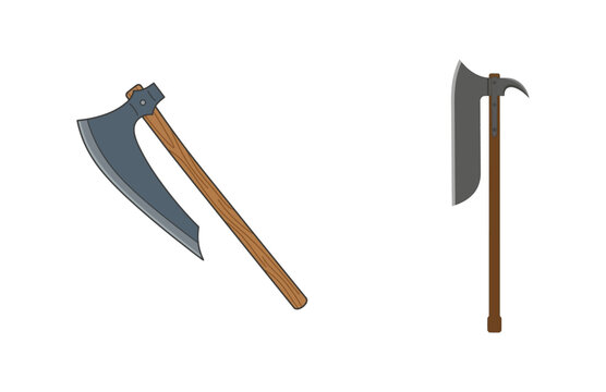 Vector illustration set of medieval weapons including a battle axe and a poleaxe isolated on white