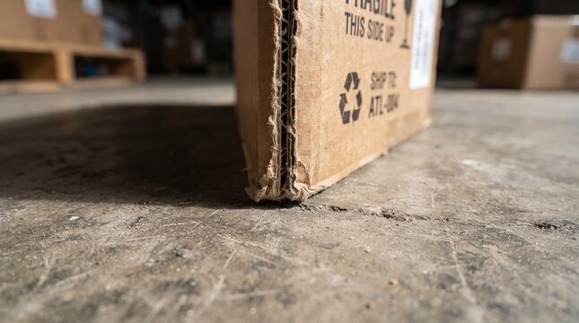 Close-up of a cardboard box edge resting on a concrete floor in a warehouse setting