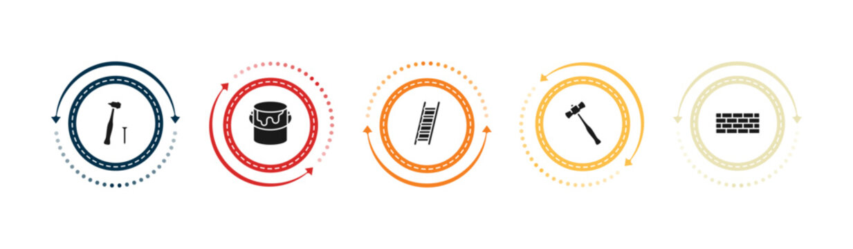 filled construction tools icons set - hammer and nail, open paint bucket, ladder, sledge hammer. editable vector for web and mobile ui