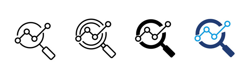 Analytics icon with magnifying glass and line chart. Symbol of data analysis, business reporting,...